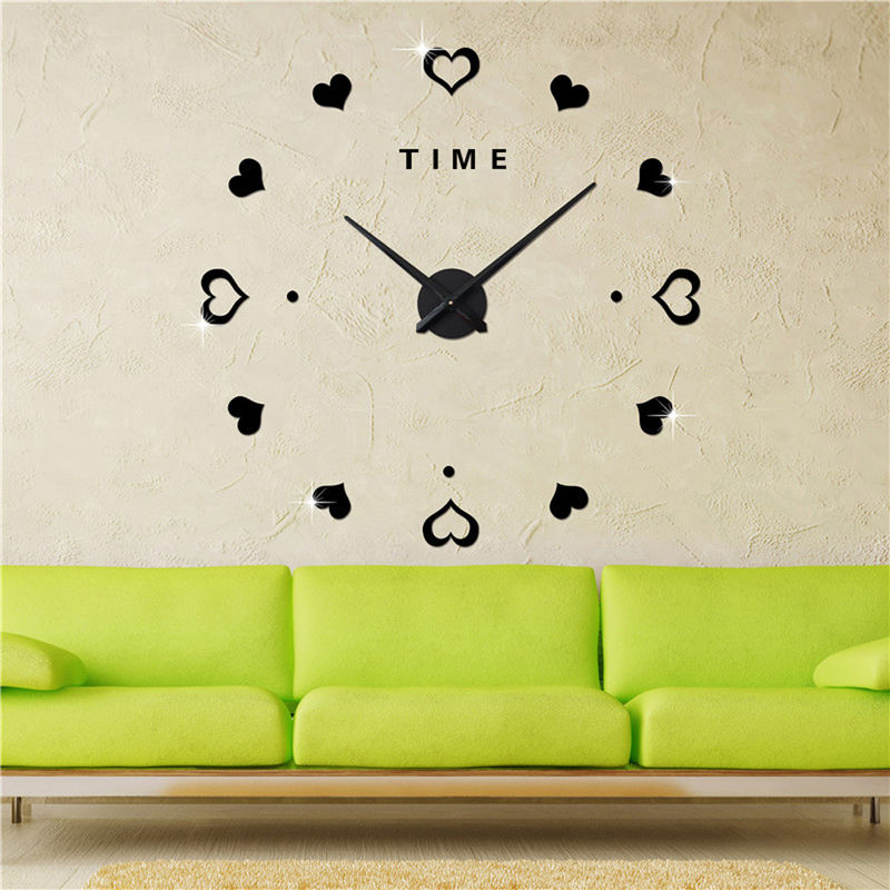 Amor Corazón Autoadhesivo Reloj de pared colgante grande Reloj de pared moderno único Regalo Reloj de pared espejo grande